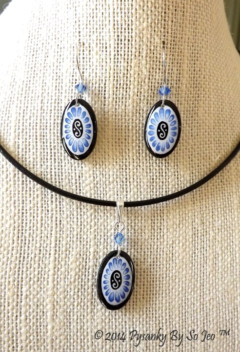 Blue Oval Earrings and Matching Necklace Pysanky Jewelry by So Jeo